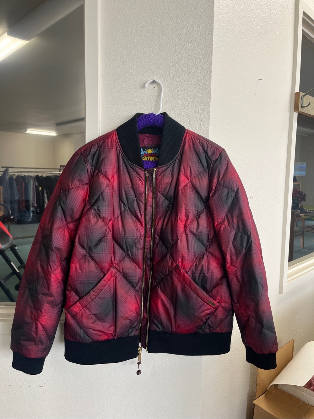 Vintage Eddie BauerSkyliner Down Quilted Gradient Red and Black Bomber Jacket